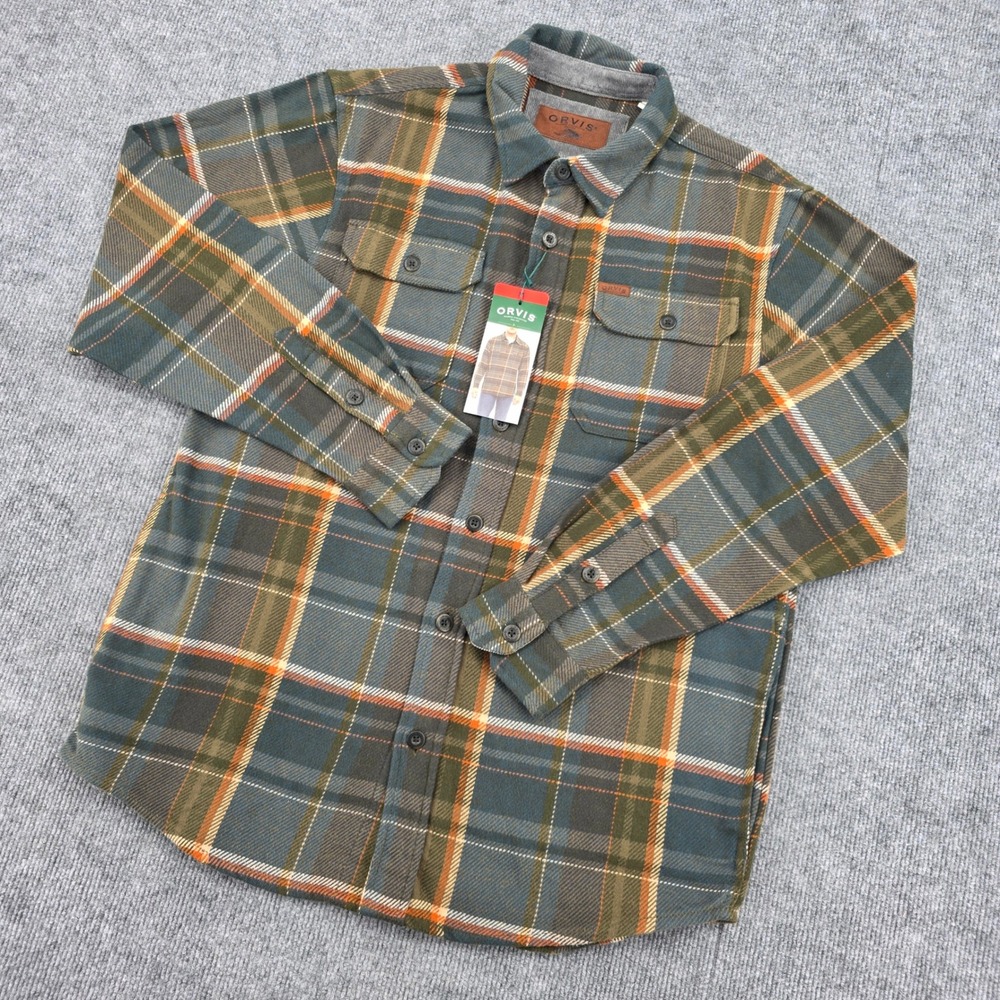 Orvis Mens Plaid Flannel Button Down Shirt Green Orange 100% Cotton M NEW